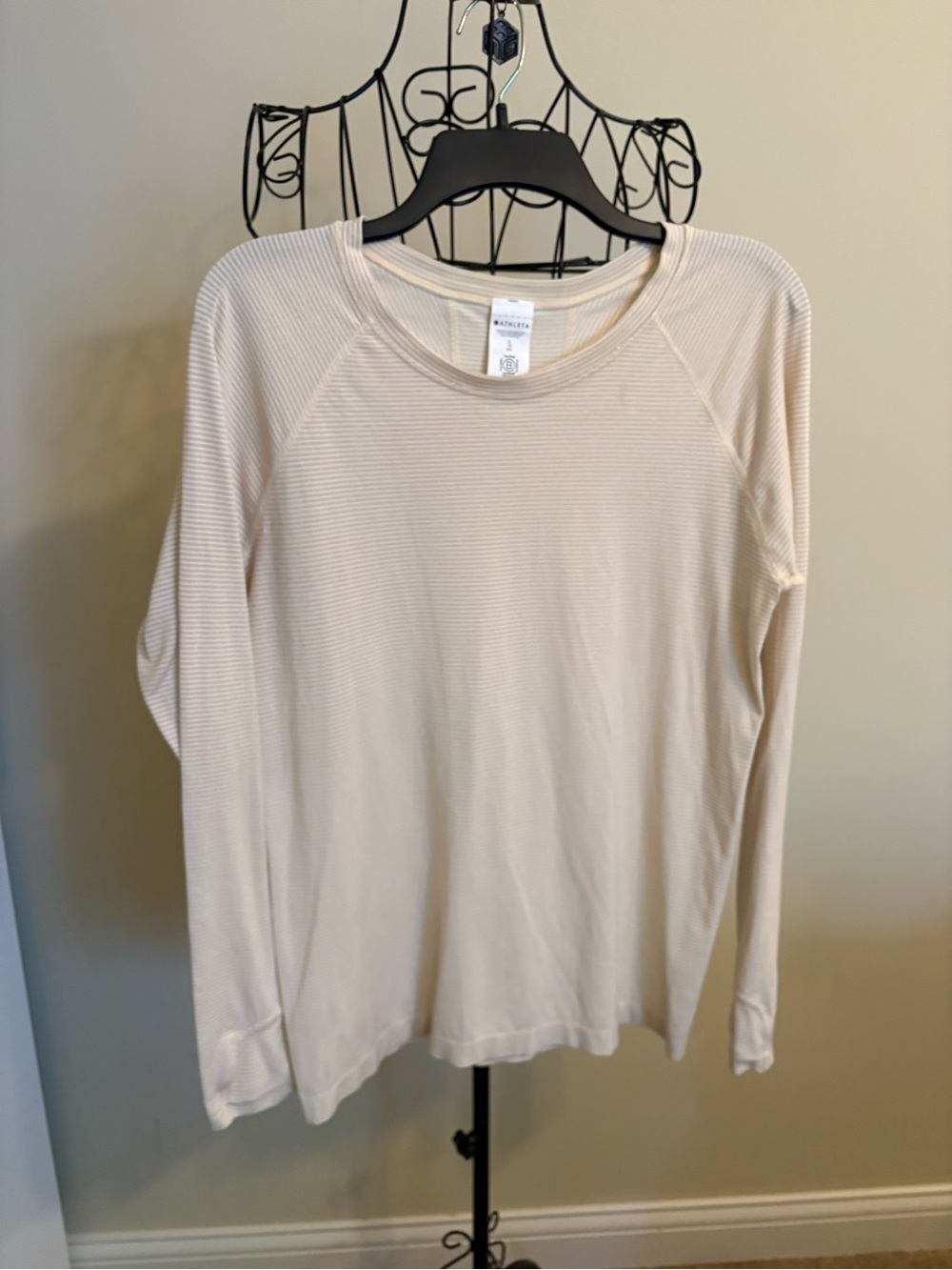 Athleta Light Cream Gold stripe Ribbed Long Sleeve Tee